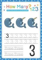 Numbers tracing template by counting Sea fish marine vector