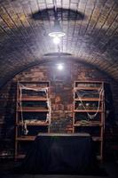 Old abandoned basement with shelving covered spider web, gloomy cold basement with creepy atmosphere photo