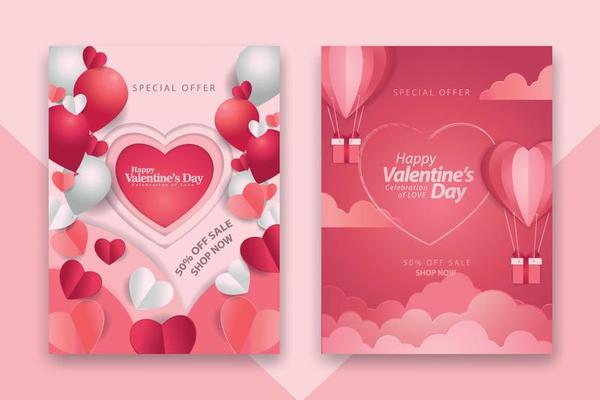 Valentine's day concept posters set with red 3d and pink paper hearts and frame on geometric background. Cute love sale banners or greeting cards