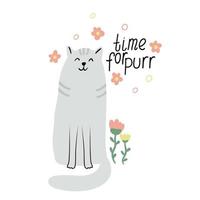 tarjeta con un lindo gato ronroneando y flores. ilustración vectorial plana dibujada a mano y letras. tiempo para la cita de ronroneo. vector