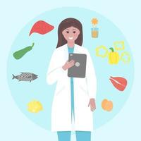 Nutritionist character. Concept for Nutrition therapy with healthy food. Weight loss program and diet plan. Vector illustration in flat style.