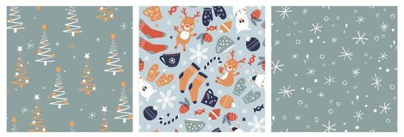 A set of seamless New Year patterns. Print with Christmas trees, deer, rabbits, gifts, snowflakes, stars. Vector graphics.