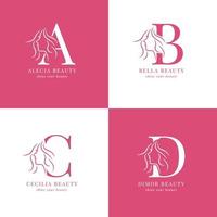 Minimalist and elegant hand drawn letters with woman silhouette A to D salon or skincare logo