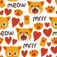 Cat muzzle face head and paw seamless pattern vector illustration