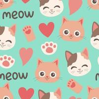 Cat muzzle face head and paw seamless pattern vector illustration