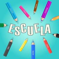 Colorful wooden pencils colorizing the spanish word escuela. Names of colors - rojo, naranja, amarillo, verde, celeste, azul, morado, rosa, marron, gris, negro. Blue background. Vector illustration