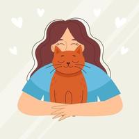 mujer joven sonriente con un gato, mascota. amor y amistad con los animales. clínica veterinaria. ilustración vectorial en estilo de dibujos animados vector