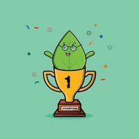 Cute cartoon green leaf character with happy expression in modern style design vector