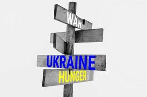 Wooden road sign with words peace, Ukraine, support, hunger photo