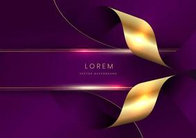 Abstract 3d curved violet and gold ribbon on violet background with lighting effect copy space for text. Luxury design style. vector