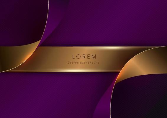 Abstract 3d curved purple and gold ribbon on purple background with lighting effect copy space for text. Luxury design style.