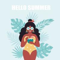 mujer negra con cóctel de verano. hola verano, vacaciones, verano, fiesta de verano. vector