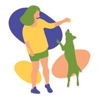 Young woman took the dog for a walk happily vector