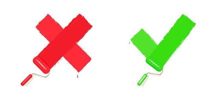 el rodillo pinta los signos x y v. concepto con cruz roja incorrecta y marca de verificación verde. vector