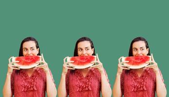 Pattern of cheerful woman holding a piece of sliced watermelon on a colorful background. Summer concept photo