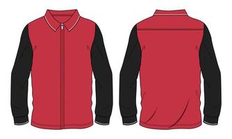 plantilla de vector de boceto plano de moda técnica de camisa de manga larga de color rojo y negro de dos tonos