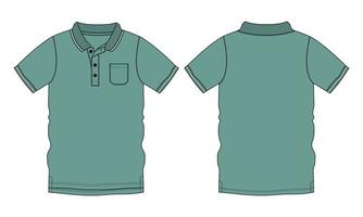 Short Sleeve polo shirt technical fashion flat sketch vector illustration green Color template front and back views