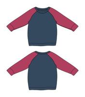 Two tone navy blue and Red color Raglan sweatshirt technical fashion flat sketch template for women's vector