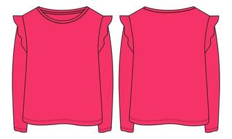 Long Sleeve T shirt Tops Technical fashion flat sketch vector pink color template for baby girls