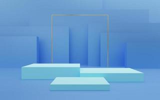 Empty blue cube podium with gold border and gold square on blue box background. Abstract minimal studio 3d geometric shape object. Mockup space for display of product design. 3d rendering. photo
