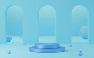 Empty blue cylinder podium and ball on arch blue background. Abstract minimal studio 3d geometric shape object. Mockup space for display of product design. 3d rendering. photo