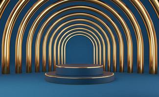 Empty blue cylinder podium with gold border and gold arch on blue background. Abstract minimal studio 3d geometric shape object. Mockup space for display of product design. 3d rendering. photo