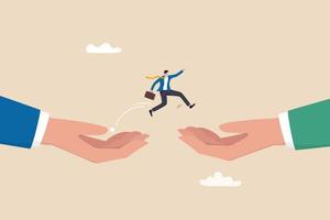 Change job or career, escape from toxic office, determination and courage to change to better place, improvement or progression concept, confidence businessman jumping from giant hand to new place. vector