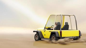 Little girl drives yellow car in desert like empty space. Glare from the sun background. Cartoon Animation seamless loop , 3D Render. video