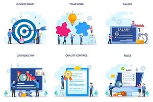 Set bundle Business concept. business target, team work, salary, qost reduction, quality control, rules. vector