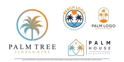 conjunto de ilustración de diseño de logotipo de palmera y playa con vector premium de elemento creativo