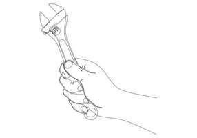 Drawing continuous line of master hand holding wrench and other keys for car repair. auto service concept