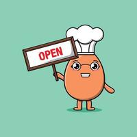 Cute cartoon brown cute egg holding open sign vector