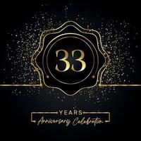 33 years anniversary celebration with golden star frame isolated on black background. Vector design for greeting card, birthday party, wedding, event party, invitation card. 33 years Anniversary logo.