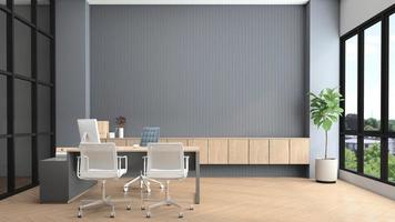 sala de gerente moderna con escritorio y computadora, pared de listones grises y gabinete de madera incorporado. representación 3d