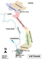 Map of Vietnam includes regions, Mekong River basin, Tonle Sap Lake, and border line countries Thailand, Cambodia, Southern China sea, and Laos vector