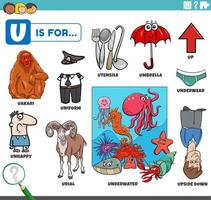 letter u words educational set with cartoon characters vector