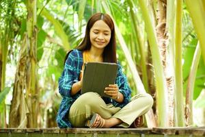 female farmer is happy after viewing results from a laptop computer. Increased profits. Banana plantation background. photo