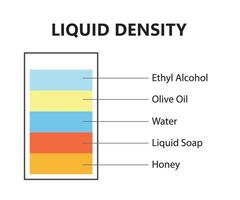 concepto de experimento científico de densidad líquida. capas fluidas separadas. experimento de laboratorio con densidad de aceite, agua, miel, jabón y alcohol. diferentes tipos de líquido en vidrio. ilustración vectorial vector