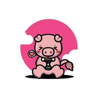 Cute pig drink coffee cartoon vector