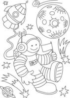 Cosmonauts travel to many planets with rockets and meet aliens coloring book vector