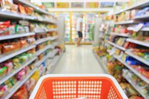 Shopping cart with Supermarket convenience store aisle shelves interior blur for background photo