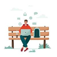 Young man are working on a bench in a city park. Freelancer with laptop and coffee. Urban city street style, online education or remote working concept vector