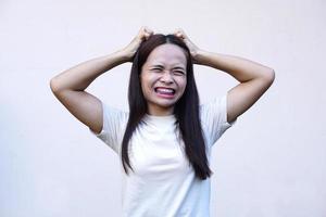 woman has itching on her head. photo