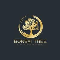 Circle brushstroke with bonsai tree logo, plant silhouette icons on white background. vector