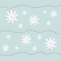 Pattern groovy trippy daisy. Daisies and lines on light blue background. 70s vibes floral background. Hand drawn vector illustration in flat style.