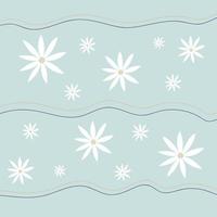 Pattern groovy trippy daisy. Daisies and lines on light blue background. 70s vibes floral background. Hand drawn vector illustration in flat style.