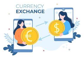 World Currency Exchange Services Cartoon Illustration Online Economy Applications for Cryptography, Euro, Dollar with Transaction Code vector
