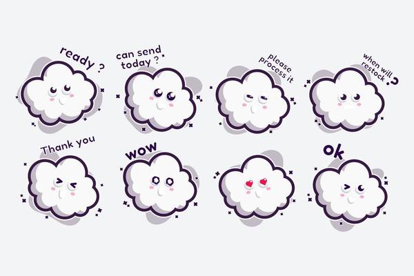 cute character set bundle mascot and sticker design cloud for online shopping emoticon expression face and thunder storm cloud