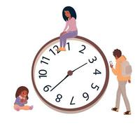 People spend their time doing business. Large mechanical clock. Hurry, run or relax. vector