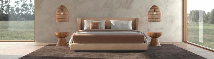 Minimalism modern bedroom interior scandinavian design with stucco wall mock up photo